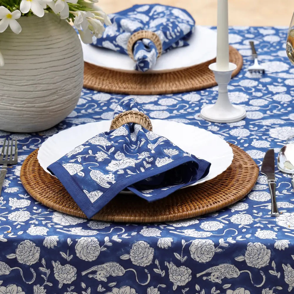 Wild Garden Navy block print tablecloth hand printed in India