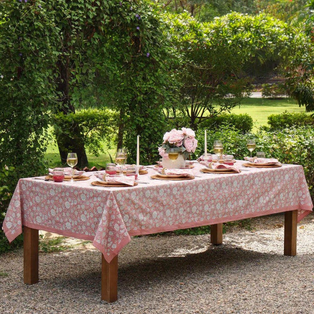 Wild Garden Antique Rose block print tablecloth hand printed in India