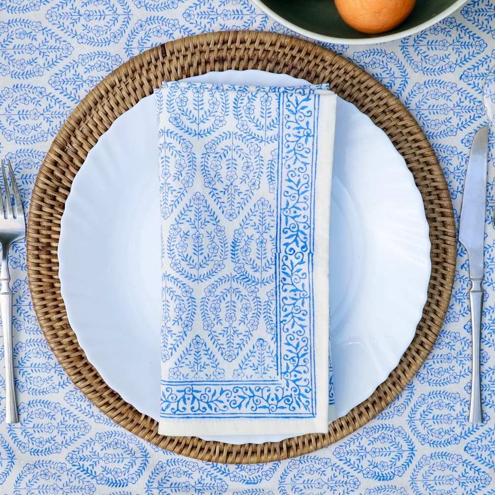 Bloom Buti Blue block print napkins set of 4 hand printed in India