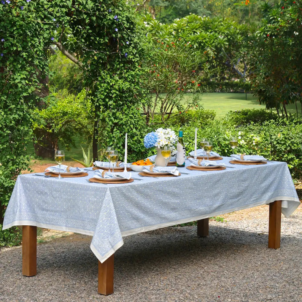 Bloom Buti Blue block print tablecloth hand printed in India