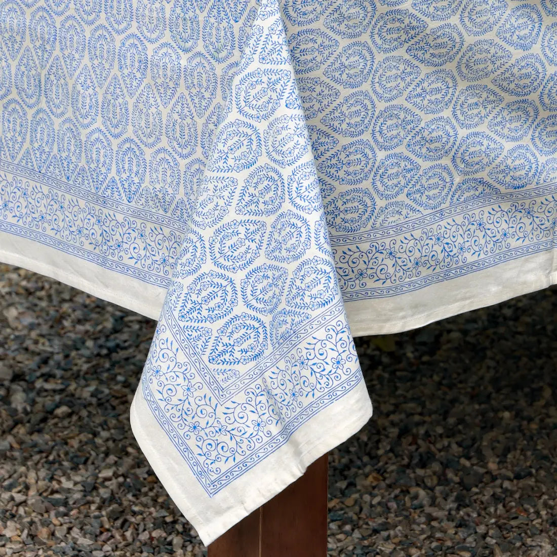 Bloom Buti Blue block print tablecloth hand printed in India