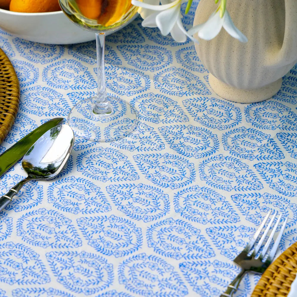 Close-up of Bloom Buti Blue block print tablecloth cotton border