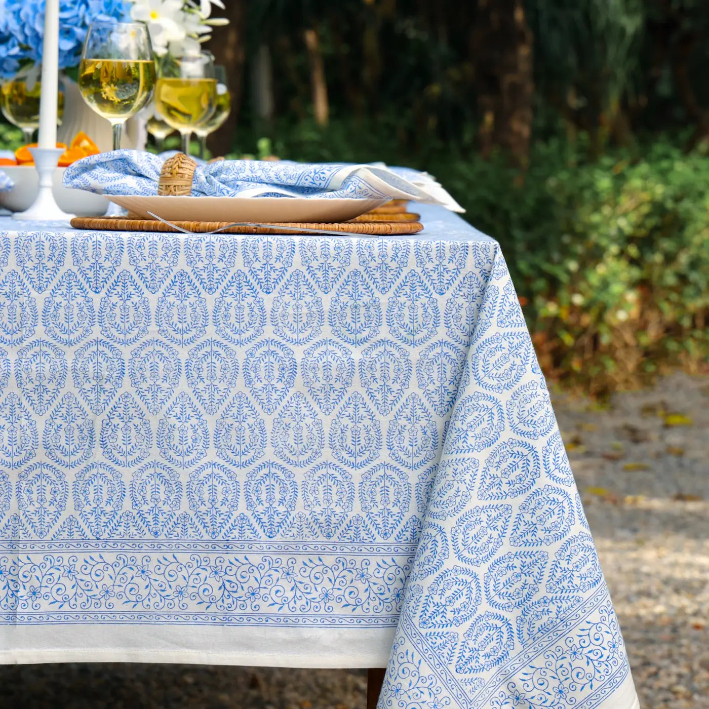 Close-up of Bloom Buti Blue block print tablecloth cotton border