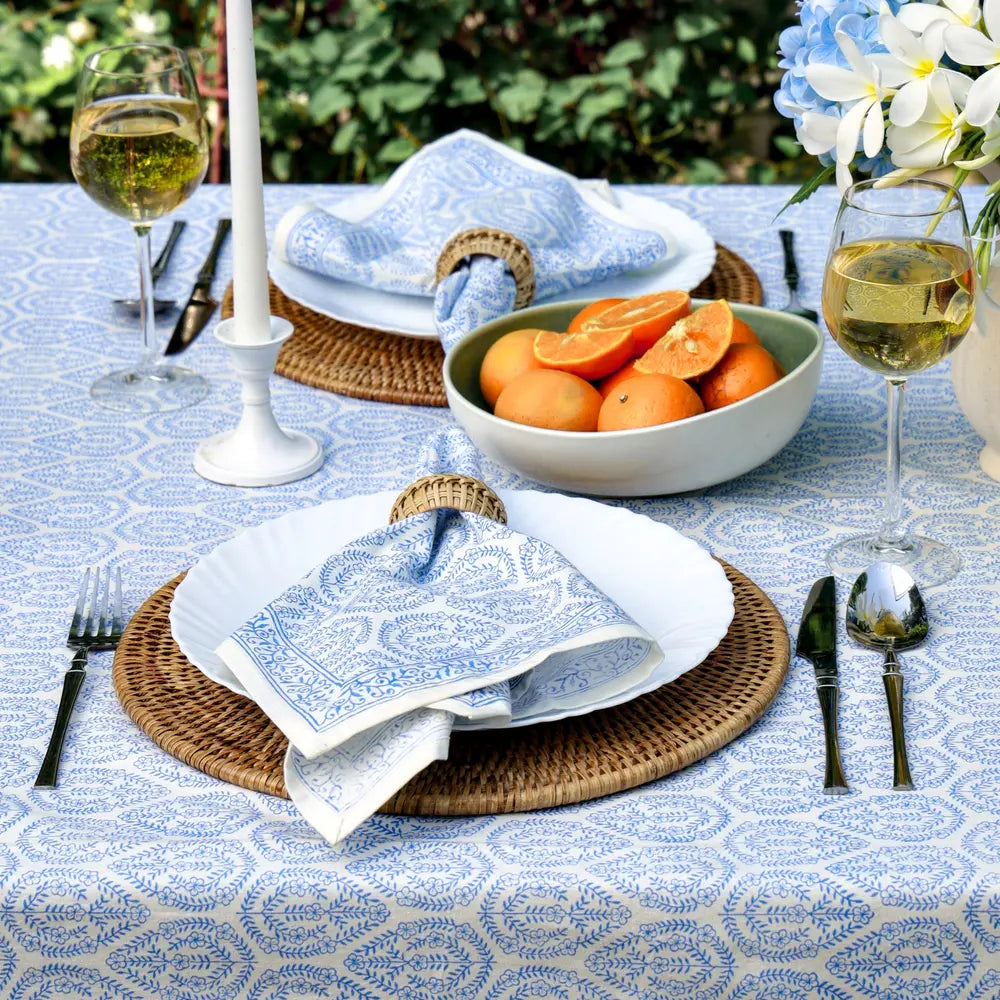 Close-up of Bloom Buti Blue block print tablecloth cotton border