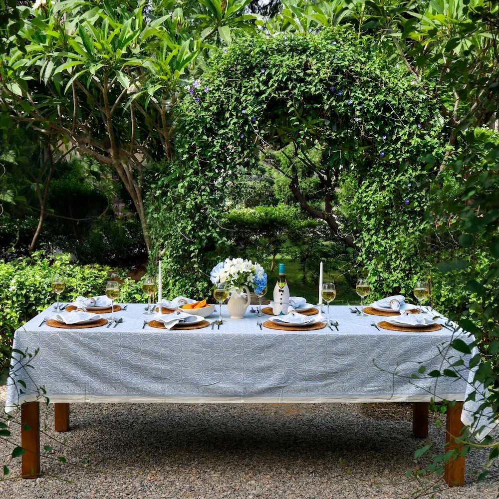 Bloom Buti Blue block print tablecloth hand printed in India