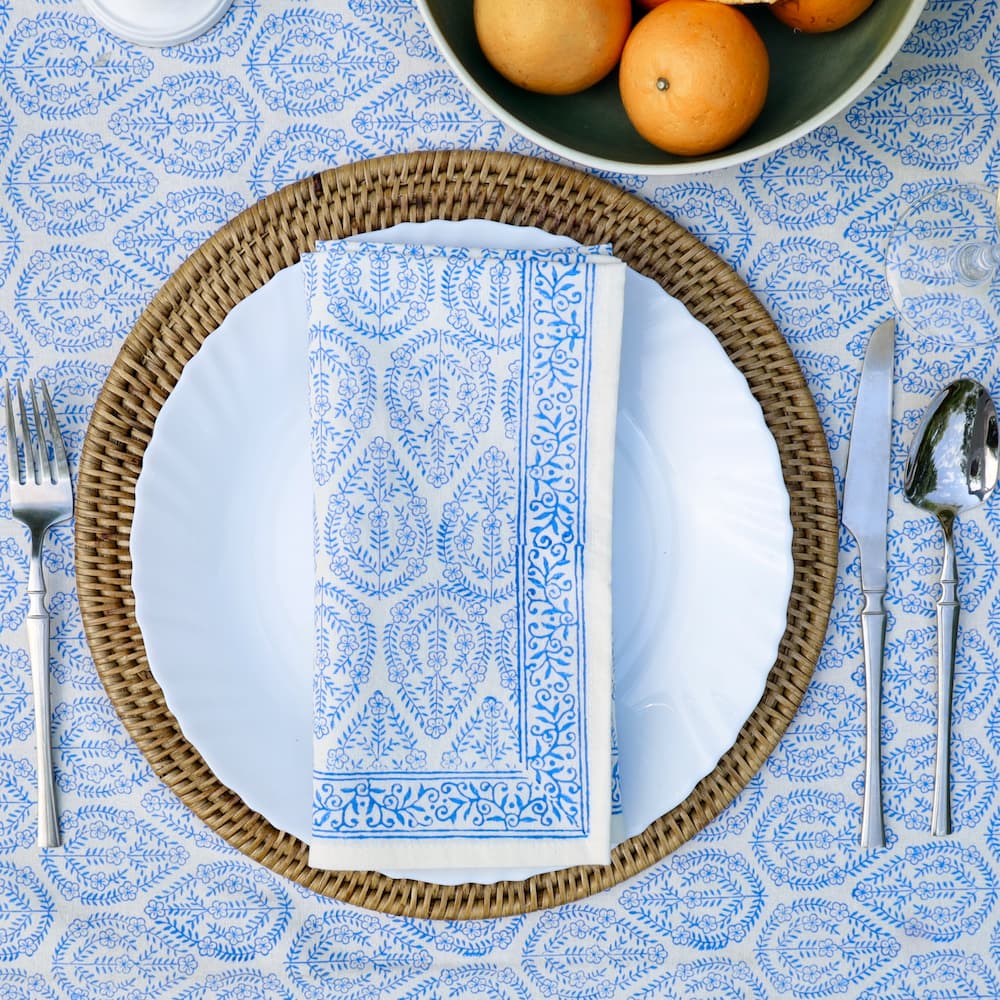 Close-up of Bloom Buti Blue block print tablecloth cotton border