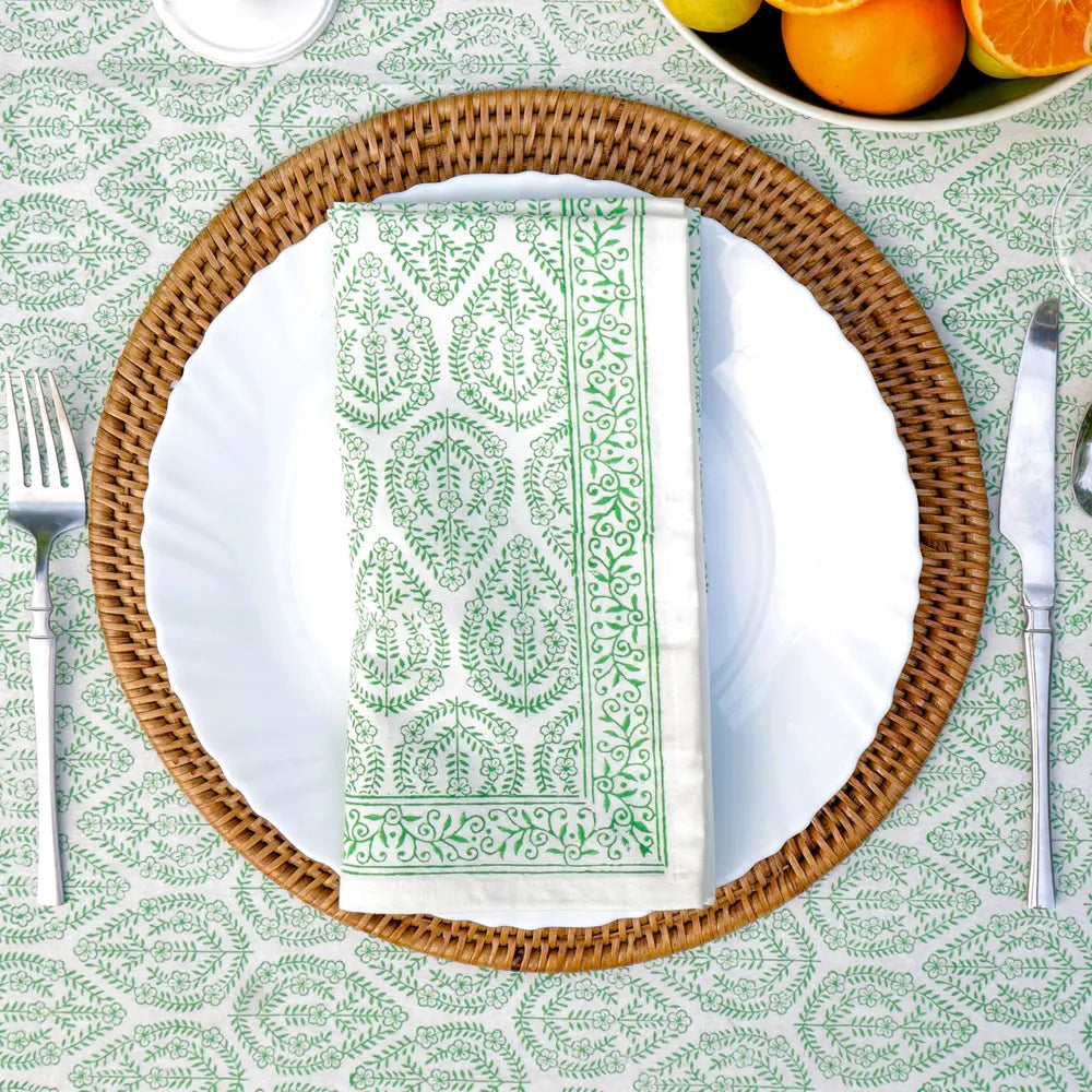 Bloom Buti Green block print napkins set of 4 hand printed in India