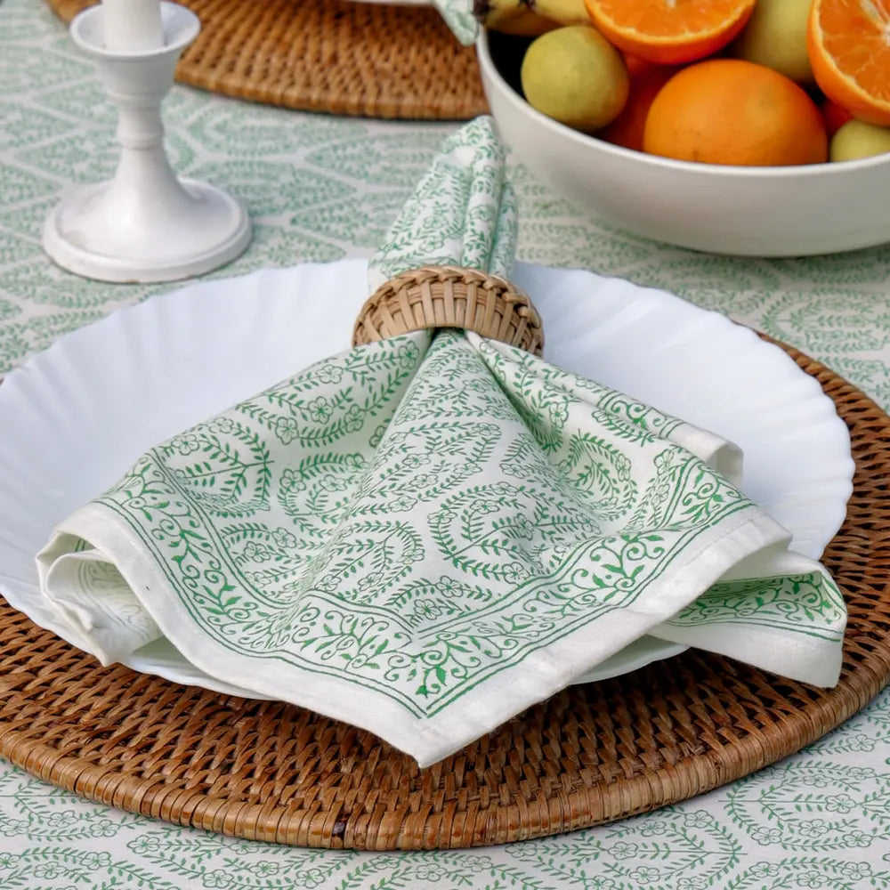 Bloom Buti Green block print napkins set of 4 hand printed in India