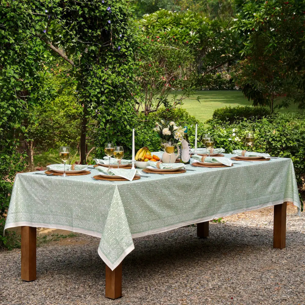 Bloom Buti Green block print tablecloth hand printed in India