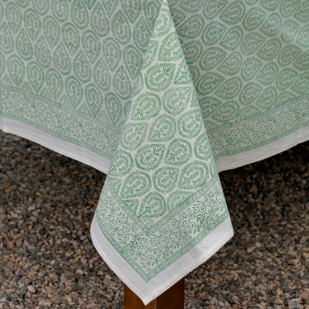 Bloom Buti Green block print tablecloth hand printed in India