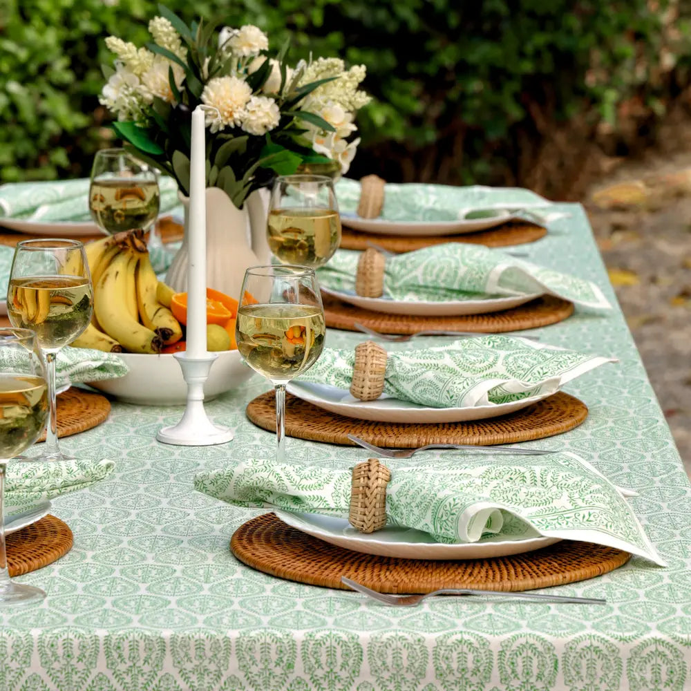 Bloom Buti Green block print tablecloth hand printed in India