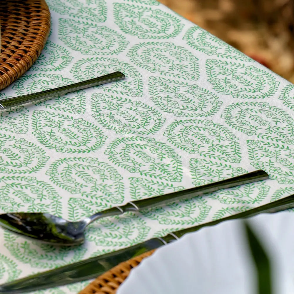 Bloom Buti Green block print tablecloth hand printed in India