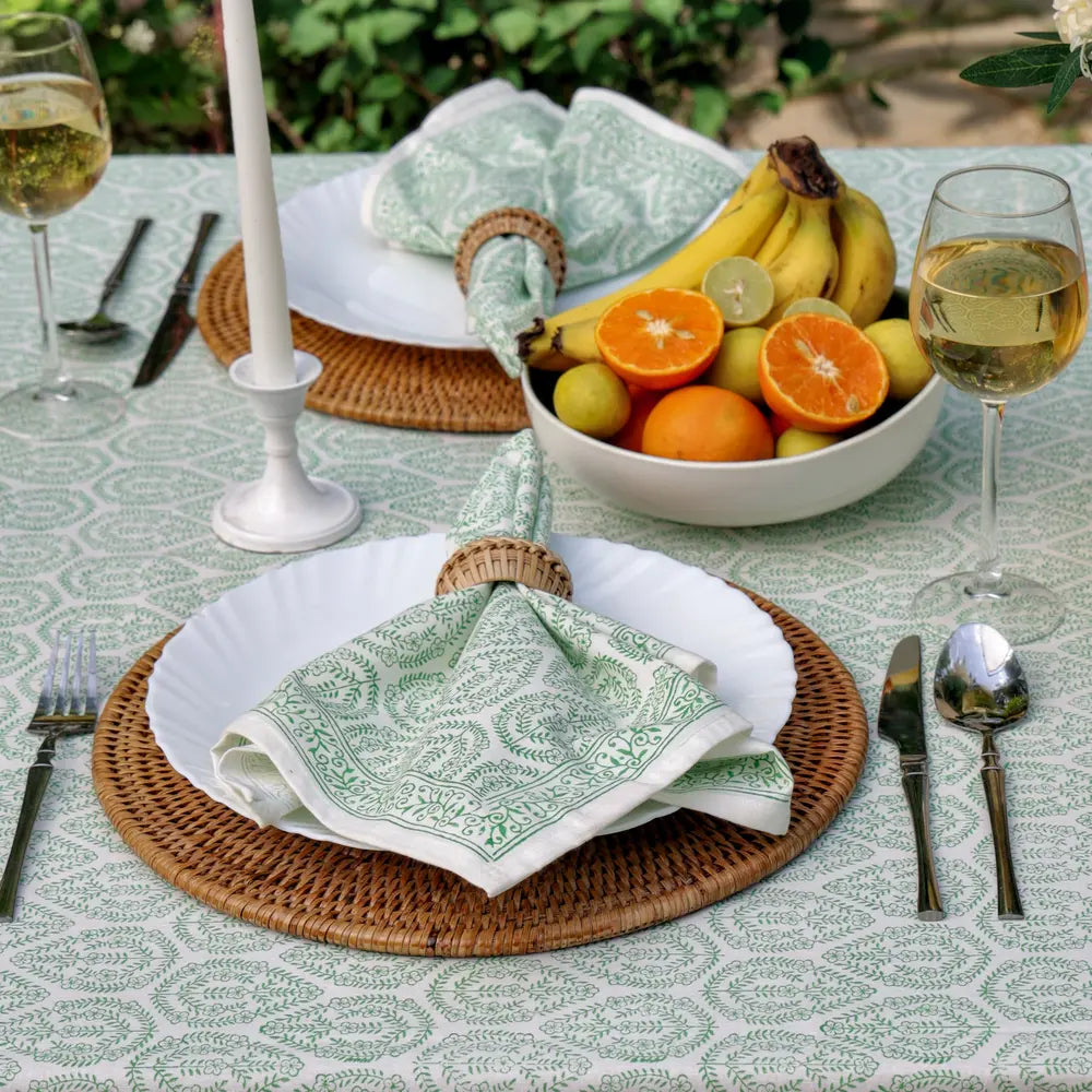 Bloom Buti Green block print tablecloth hand printed in India