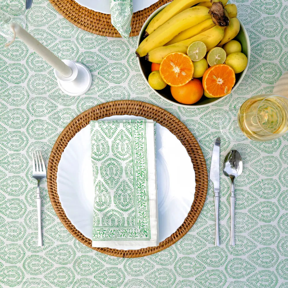 Bloom Buti Green block print tablecloth hand printed in India