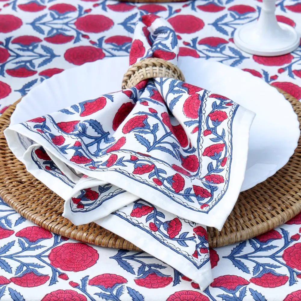Marigold Dance Red/Indigo block print napkins set of 4 hand printed in India