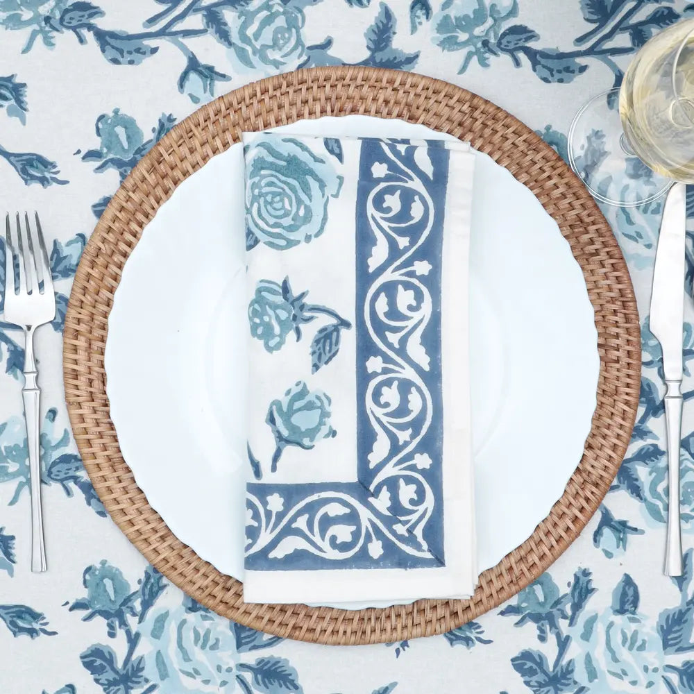 English Rose French Blue block print napkins set of 4 hand printed in India