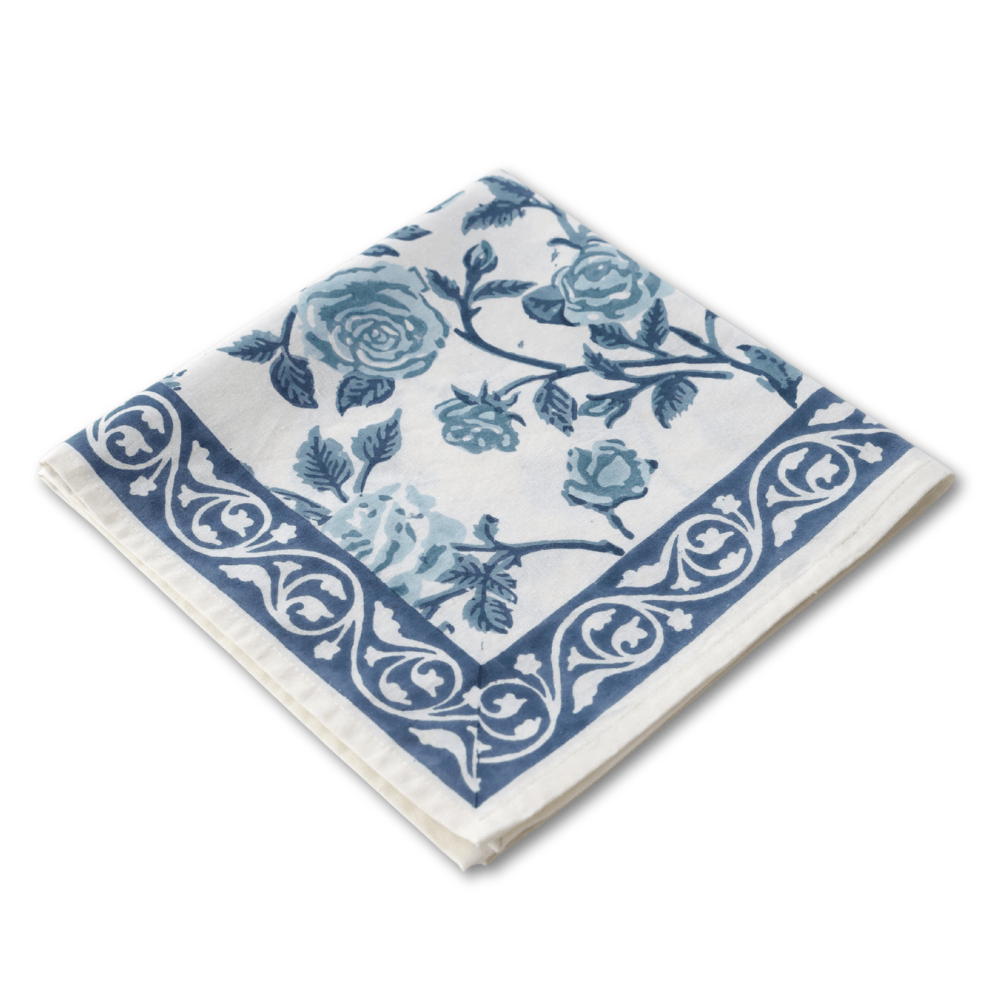 English Rose French Blue block print napkins set of 4 hand printed in India