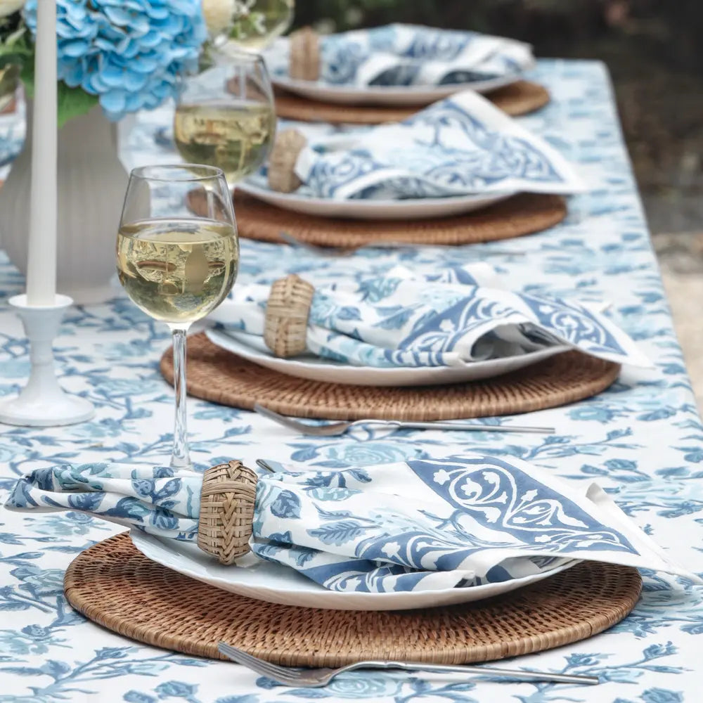 English Rose French Blue block print napkins set of 4 hand printed in India