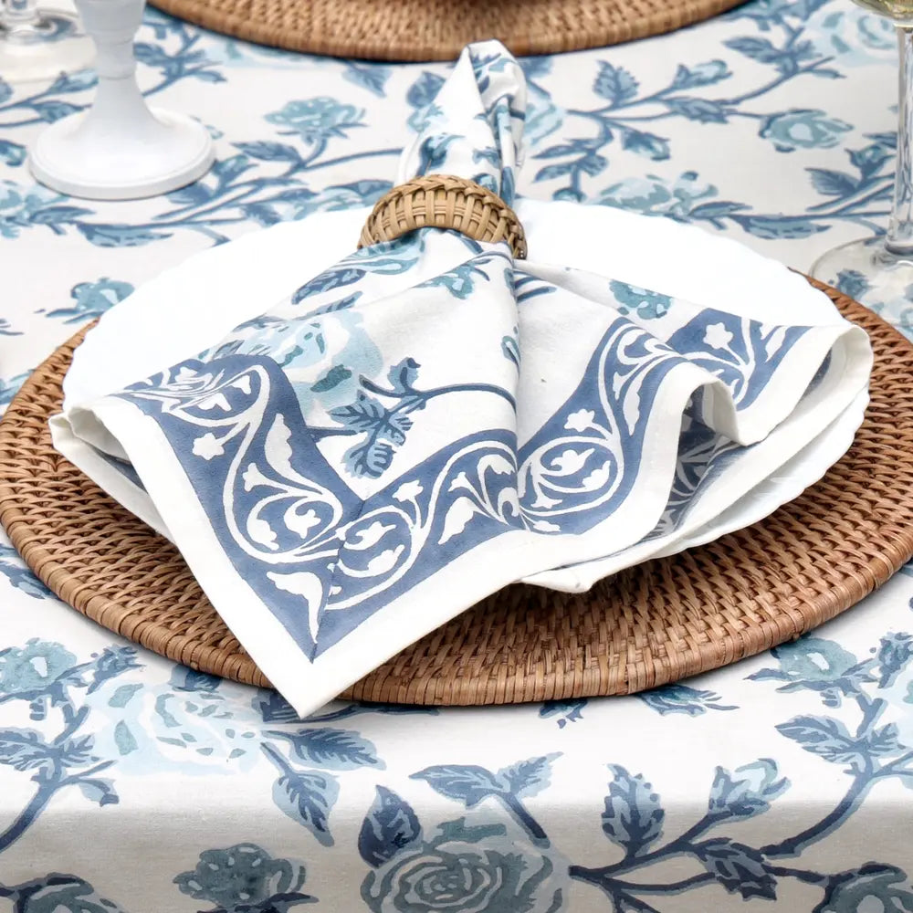 English Rose French Blue block print napkins set of 4 hand printed in India