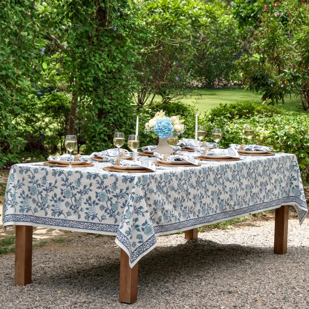 English Rose French Blue block print tablecloth hand printed in India