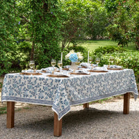 English Rose Block Print Tablecloth - French Blue