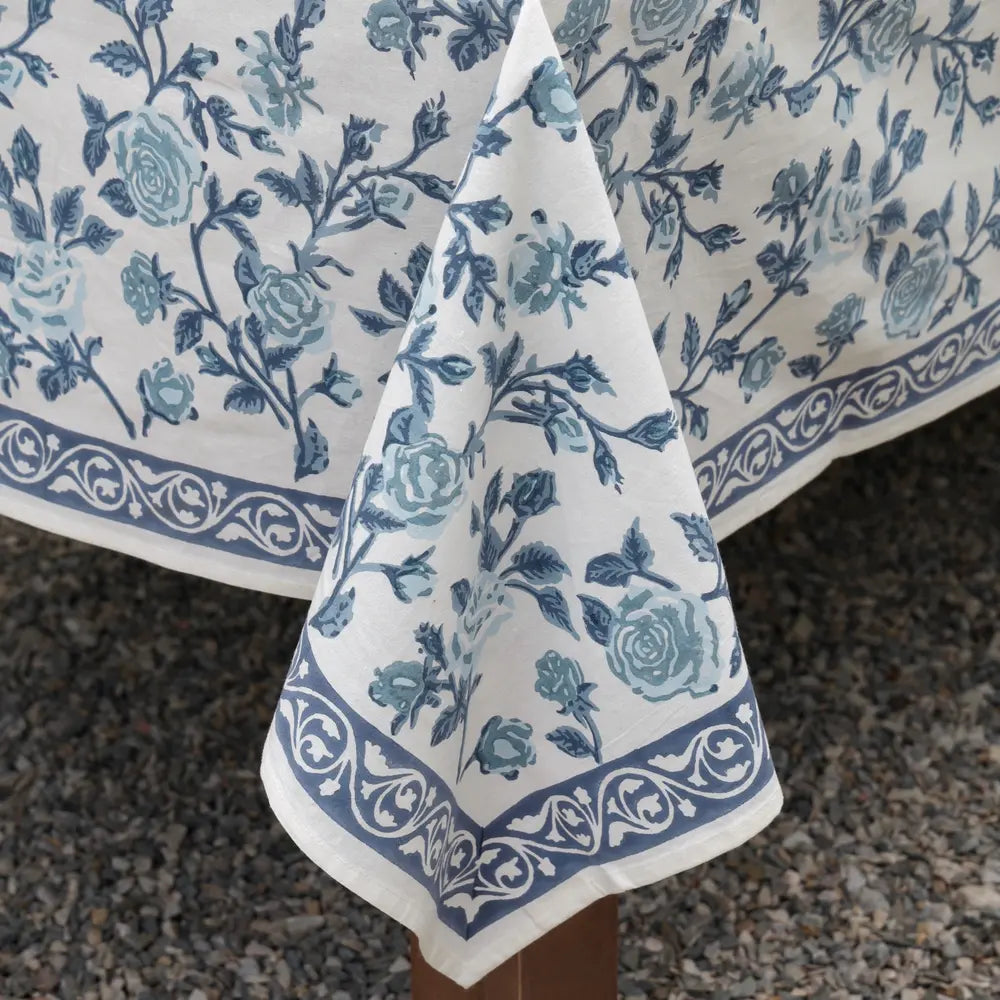 Close-up of English Rose French Blue block print tablecloth cotton border