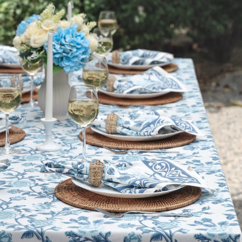 English Rose French Blue block print tablecloth hand printed in India
