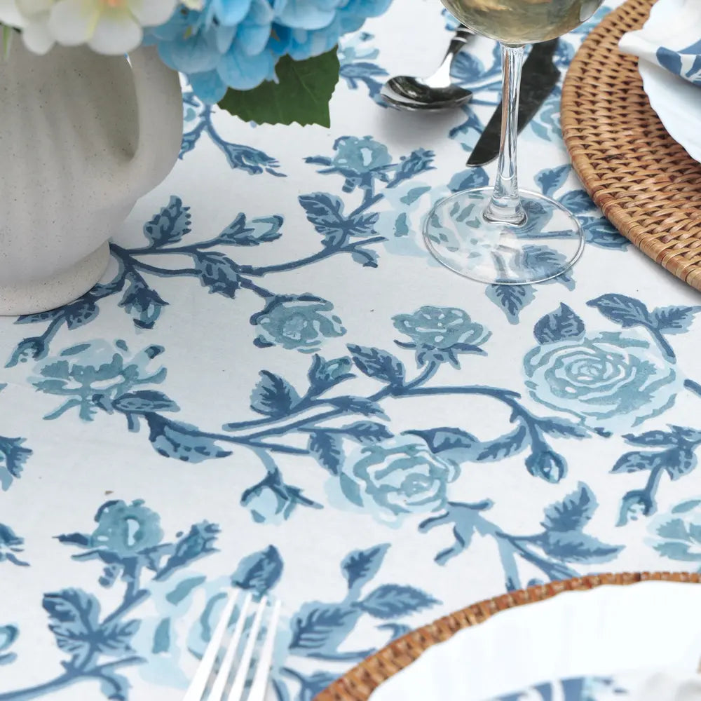 English Rose French Blue block print tablecloth hand printed in India