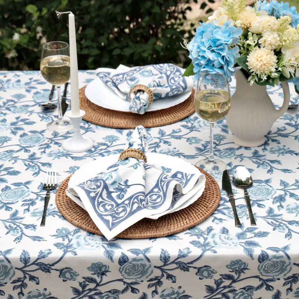 English Rose French Blue block print tablecloth hand printed in India