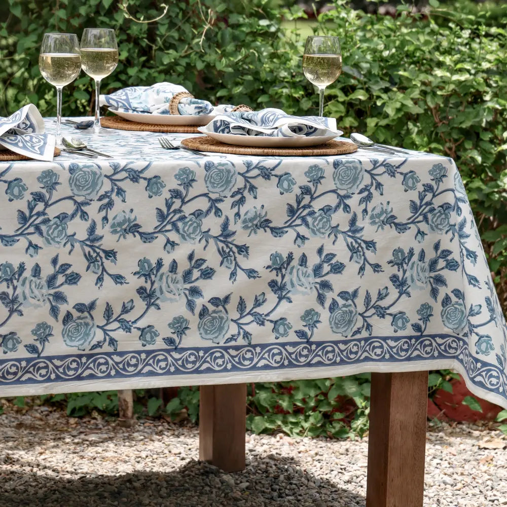 English Rose French Blue block print tablecloth hand printed in India