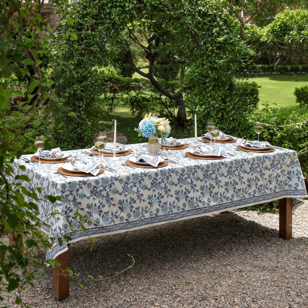 English Rose French Blue block print tablecloth hand printed in India