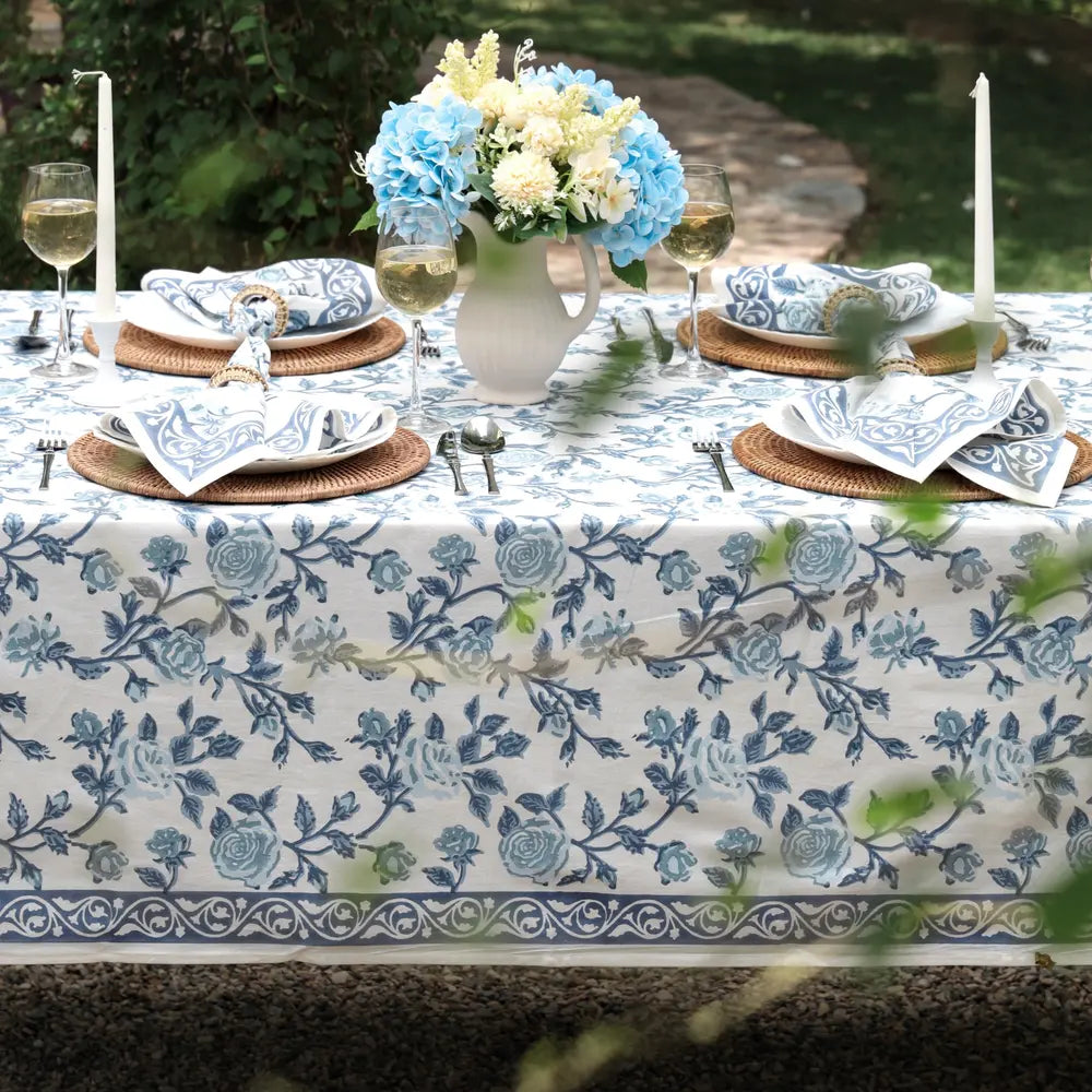 English Rose French Blue block print tablecloth hand printed in India