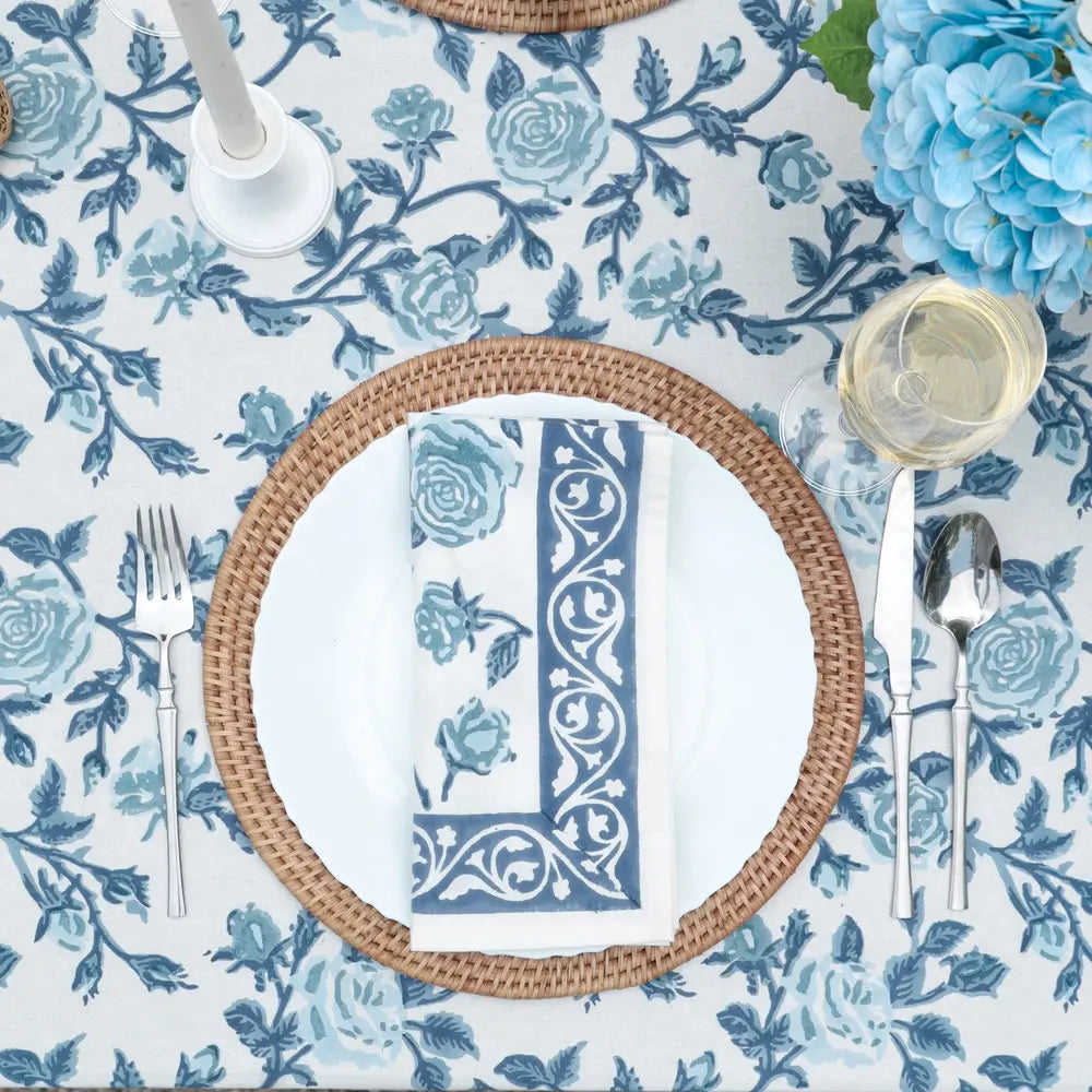 English Rose French Blue block print tablecloth hand printed in India