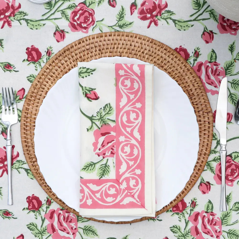 English Rose Pink block print napkins set of 4 hand printed in India