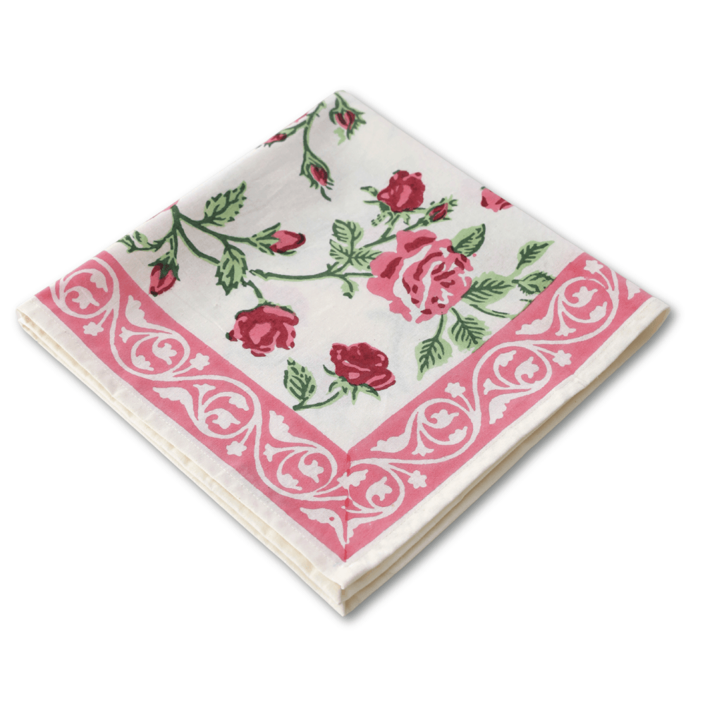 English Rose Pink block print napkins set of 4 hand printed in India