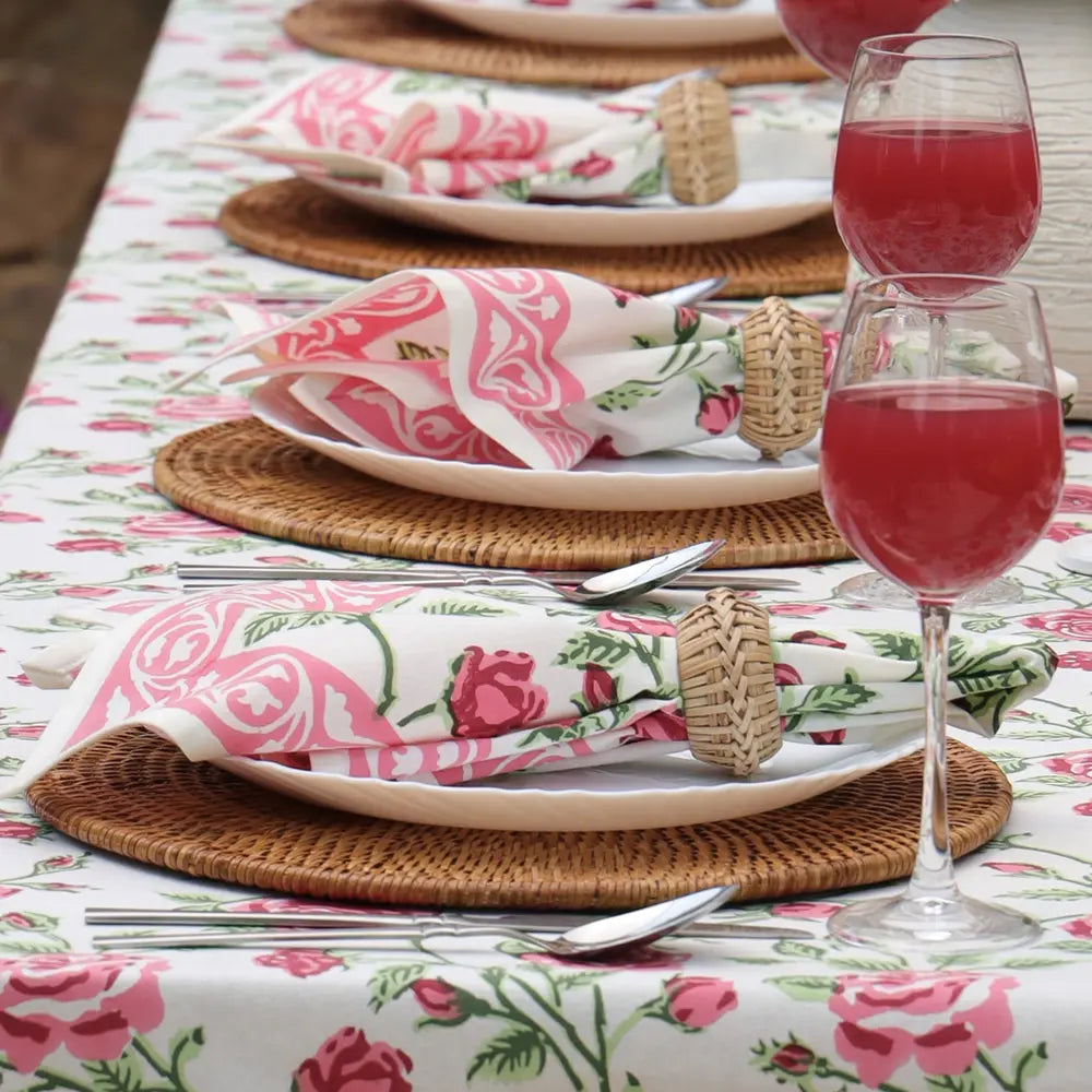 English Rose Pink block print napkins set of 4 hand printed in India