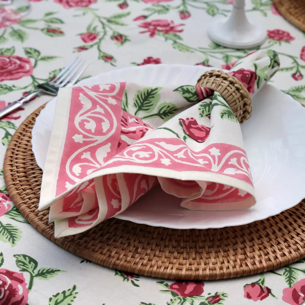 English Rose Pink block print napkins set of 4 hand printed in India