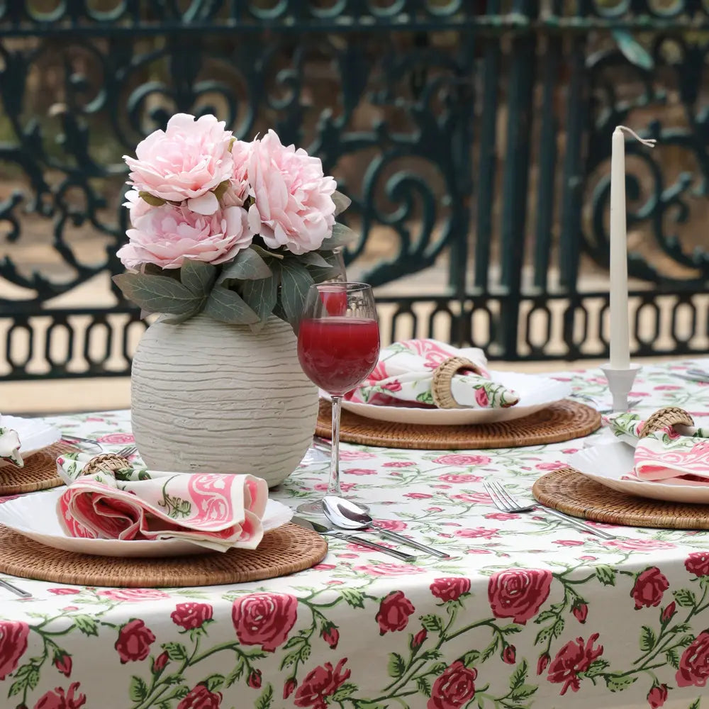 English Rose Pink block print napkins set of 4 hand printed in India