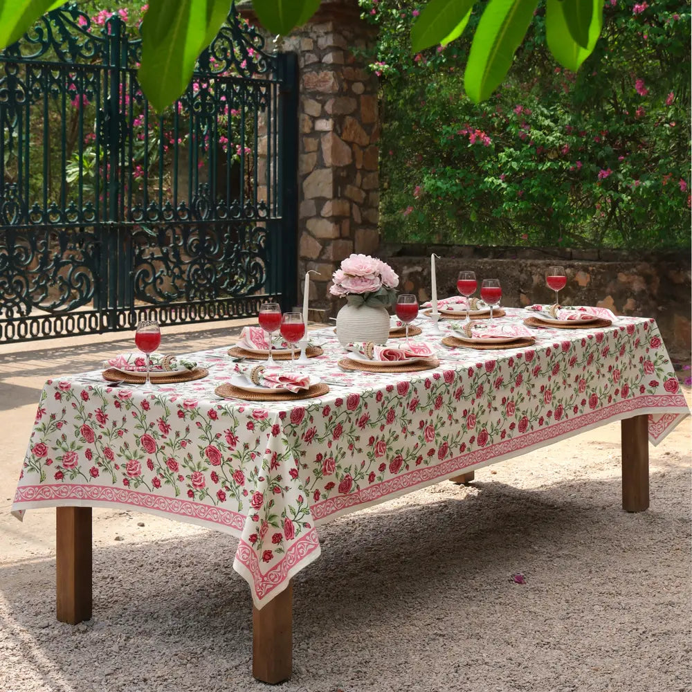 English Rose Pink block print tablecloth hand printed in India