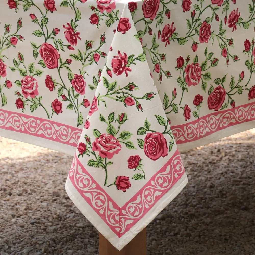English Rose Pink block print tablecloth hand printed in India