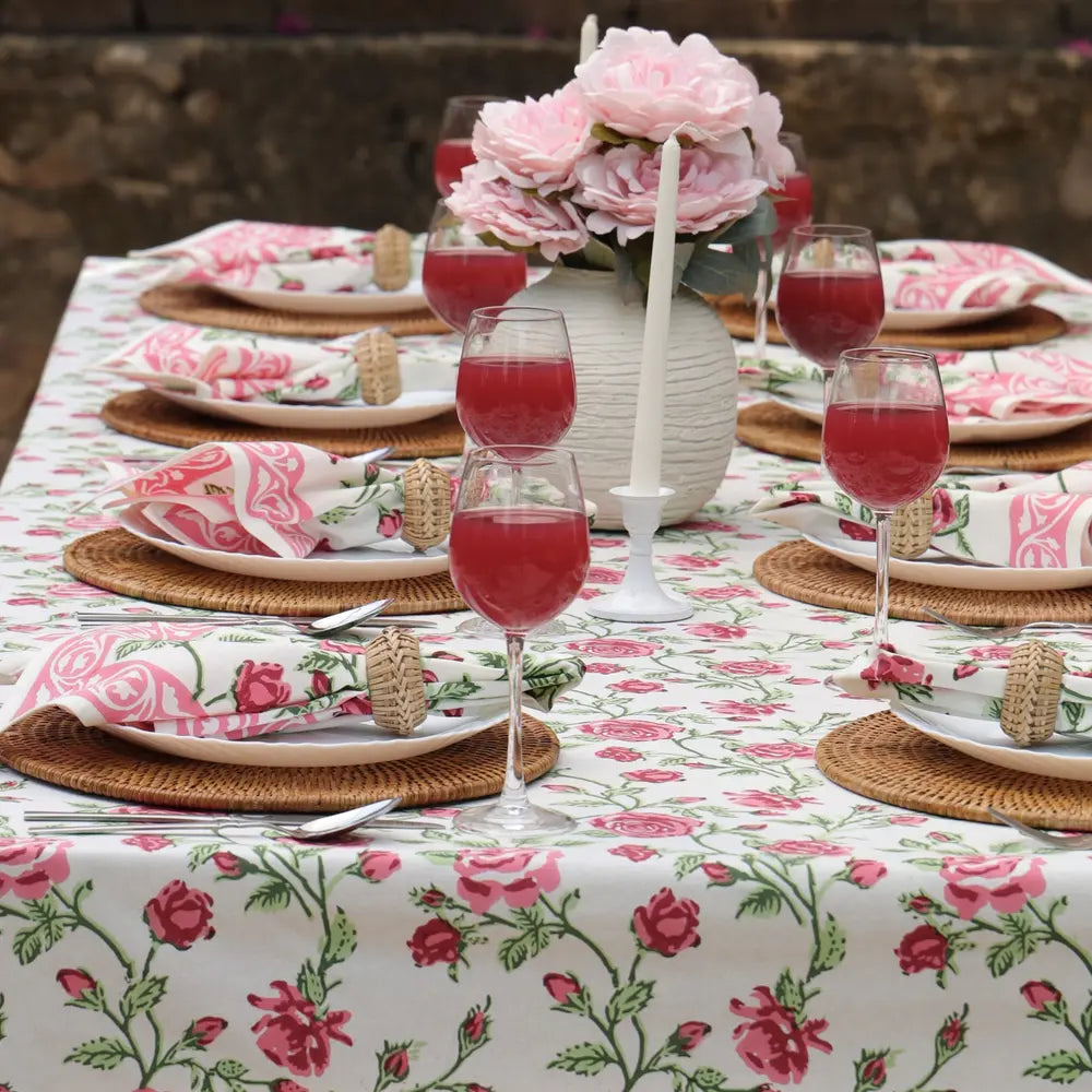 English Rose Pink block print tablecloth hand printed in India