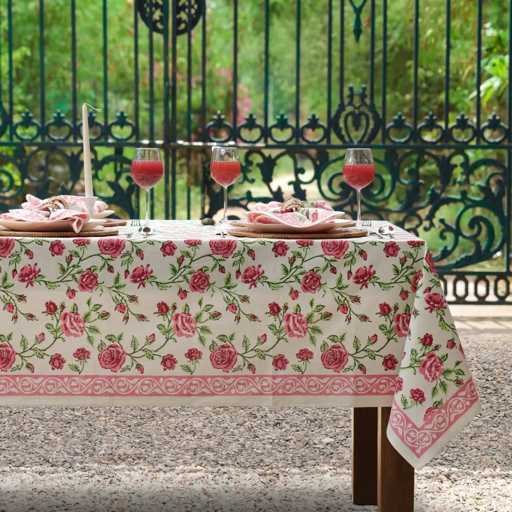 English Rose Pink block print tablecloth hand printed in India