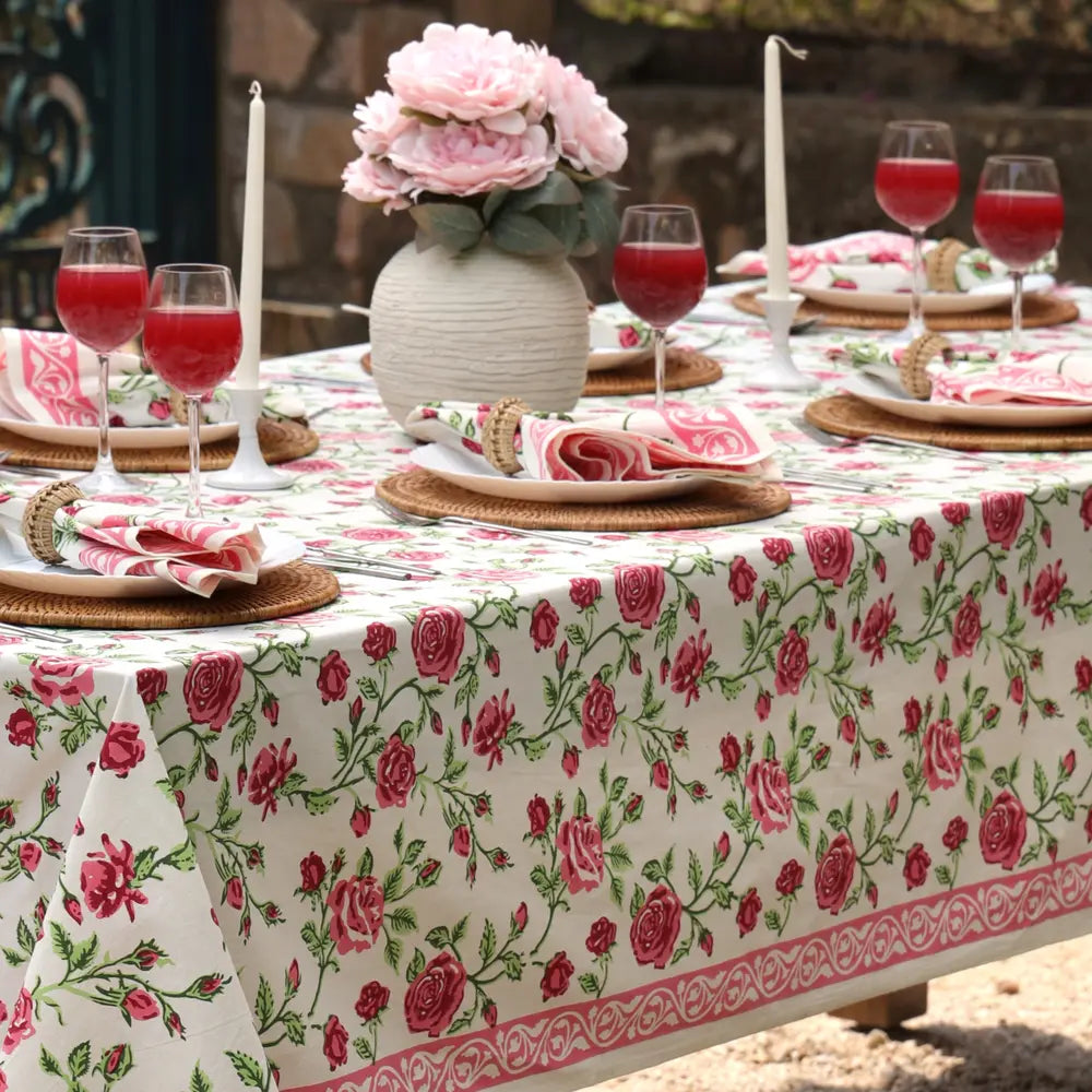 English Rose Pink block print tablecloth hand printed in India
