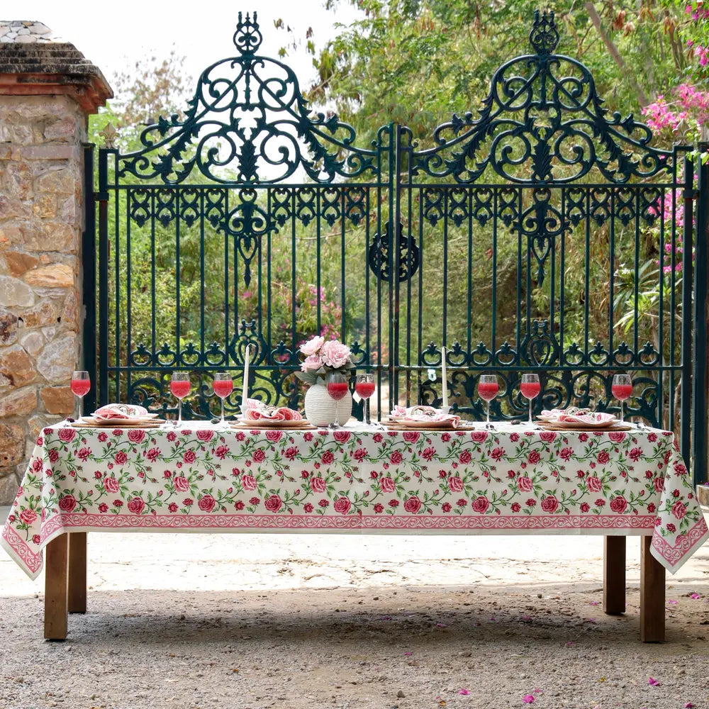 English Rose Pink block print tablecloth hand printed in India