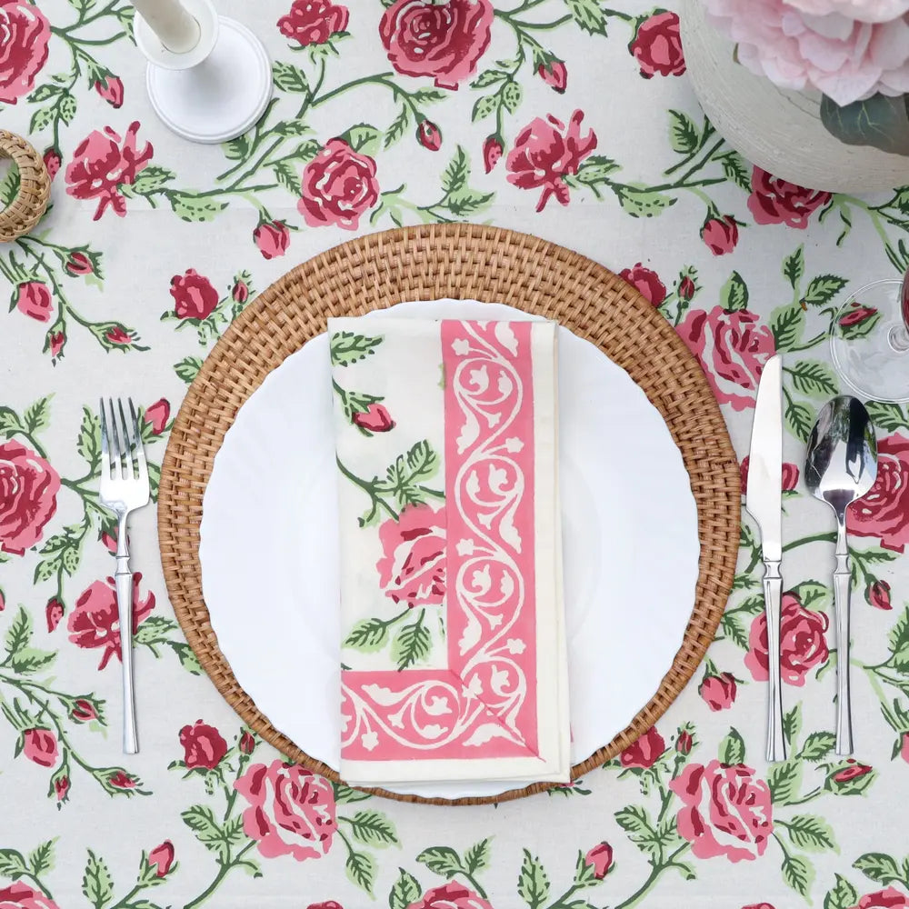 English Rose Pink block print tablecloth hand printed in India