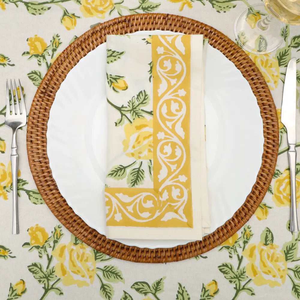 English Rose Yellow block print napkins set of 4 hand printed in India