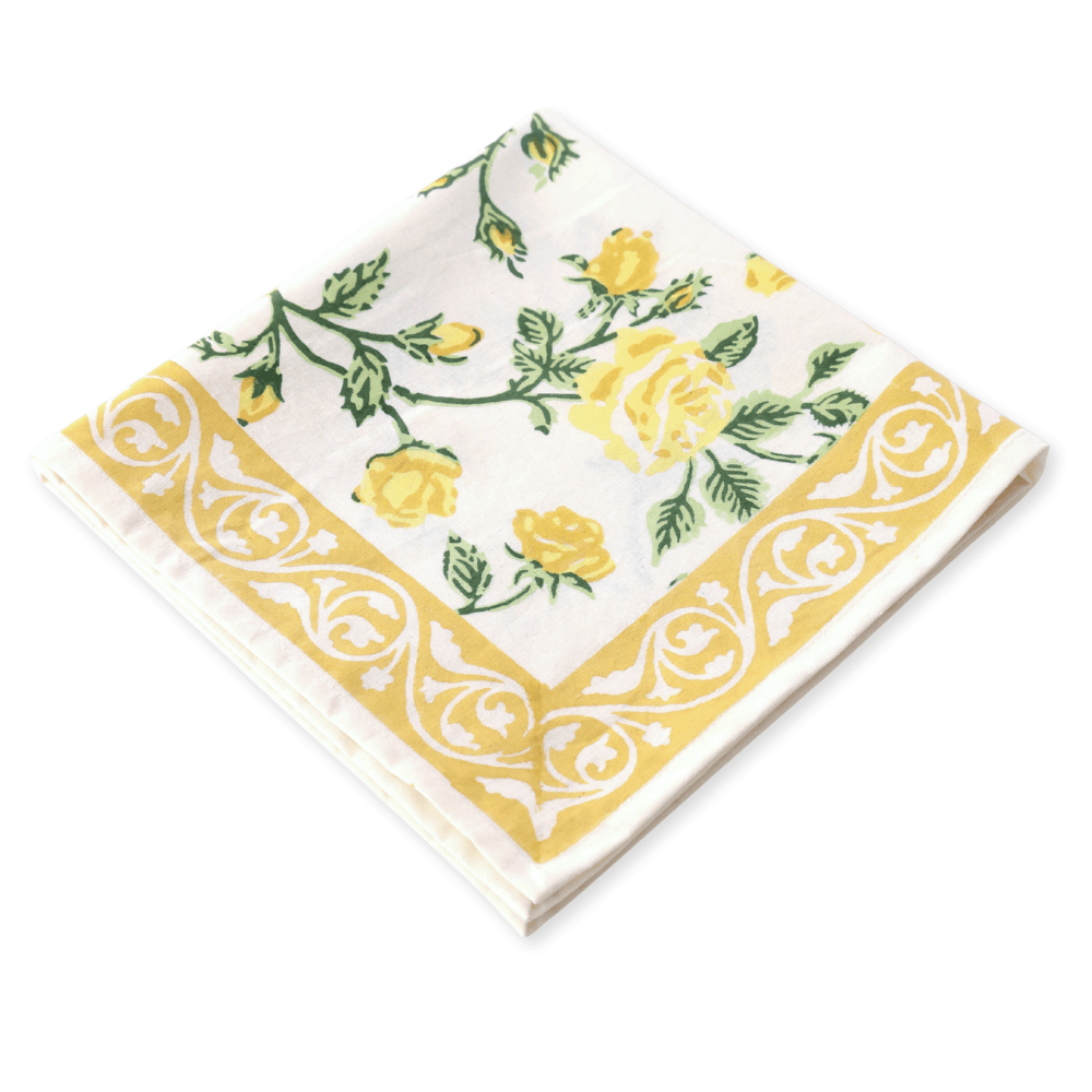 English Rose Yellow block print napkins set of 4 hand printed in India