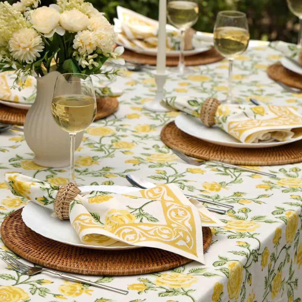 English Rose Yellow block print napkins set of 4 hand printed in India