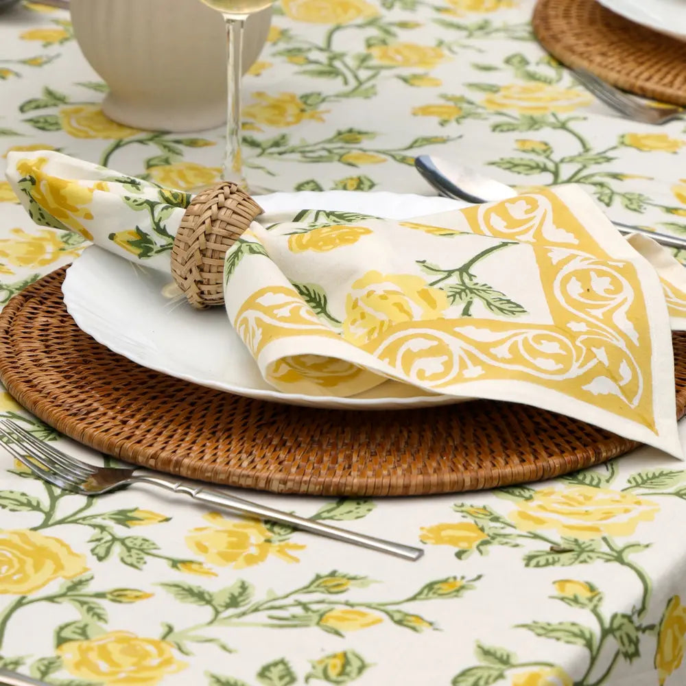 English Rose Yellow block print napkins set of 4 hand printed in India