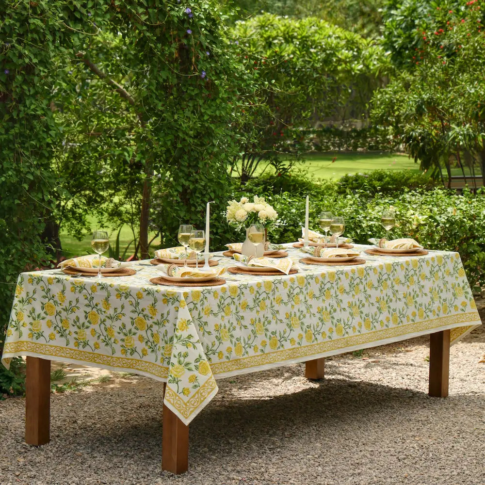 English Rose Yellow block print tablecloth hand printed in India